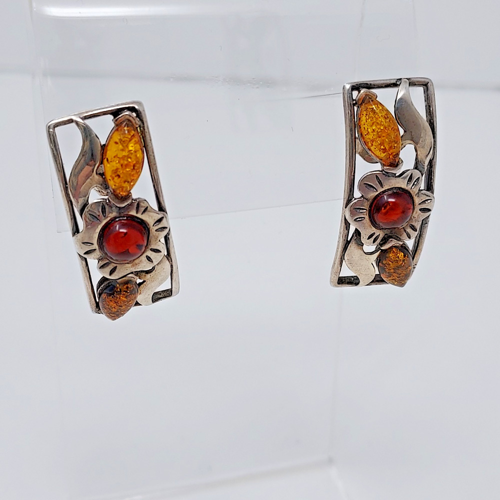 Vintage 3 Color Genuine Amber Floral Sterling 925 Pierced Earrings Marked 1.25"
